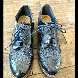✨Navy blue sparkle glitter wing tip shoes oxfords lace up lug sole Size 40